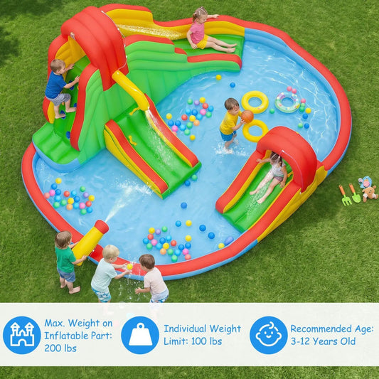 Inflatable Water Park with 3 Slides and Splash Pool DirectDeals, red green blue slides on grass on Tampa Home & Garden Store