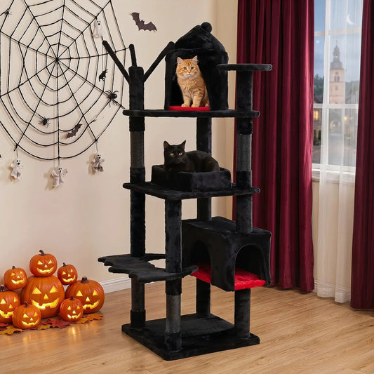 Gothic 70-Inch Cat Tree with Castle and Coffin Bed by DirectDeals black plush cat furniture on Tampa Home & Garden Store