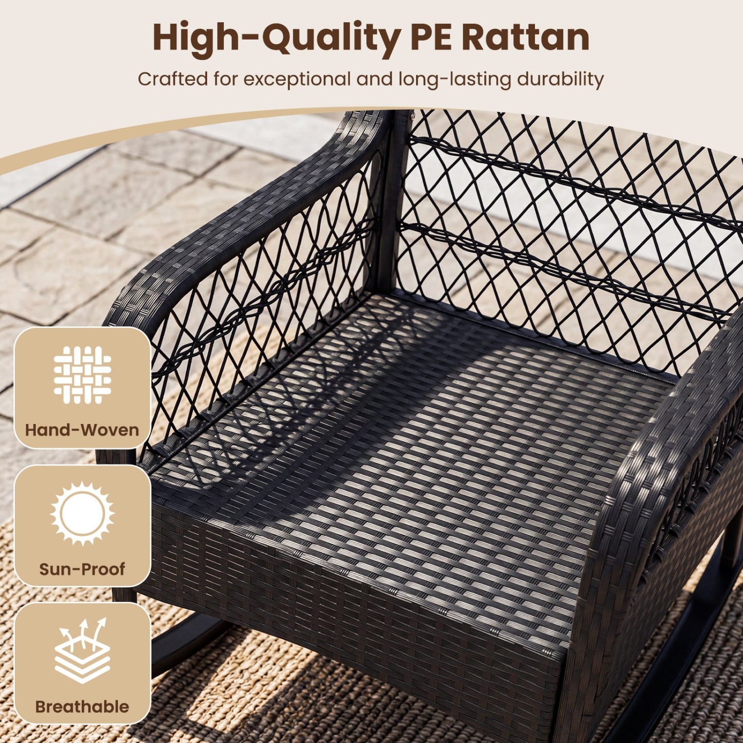 Rocking Chair Outdoor Wicker with Cushions, black PE rattan, anti-tip stoppers DirectDeals on Tampa Home & Garden Store