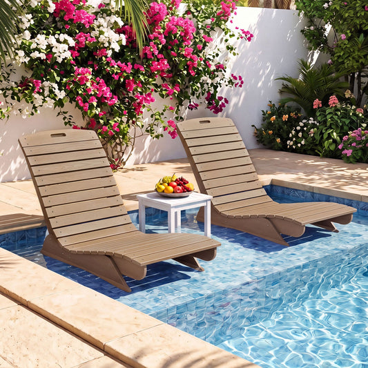 In-Pool Lounge Chair contoured ergonomic design; two wood outdoor loungers by pool on Tampa Home & Garden Store