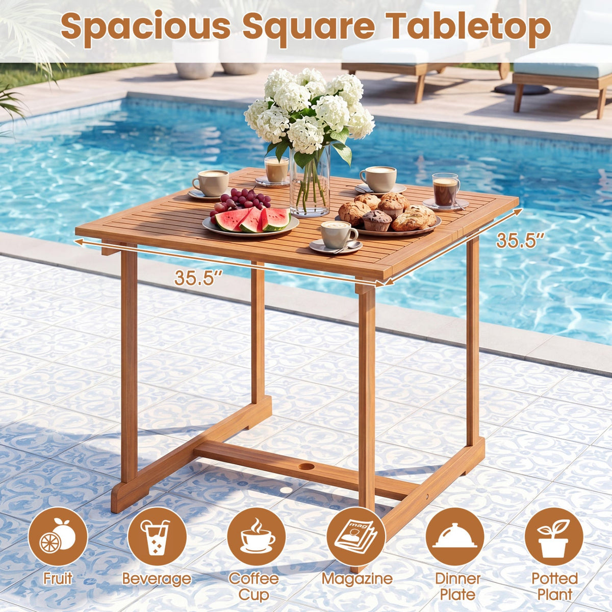 5-Piece Acacia Wood Patio Dining Set for 4 with Armchairs, square poolside table with vase on Tampa Home & Garden Store