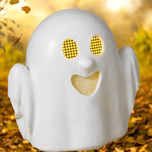 Halloween ghost ornament with moving digital eyes and gold mouth by The Country Christmas Loft on Tampa Home & Garden Store