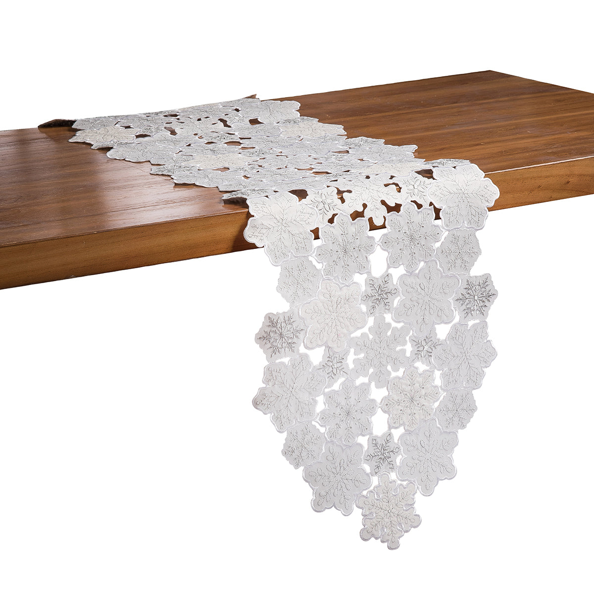 Sparkle Snowflake Table Runner Embroidery white lace The Country Christmas Loft on wood table on Tampa Home & Garden Store