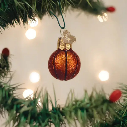 Gumdrop mini basketball glass ornament, orange glitter ball with gold cap and turquoise loop on Tampa Home & Garden Store
