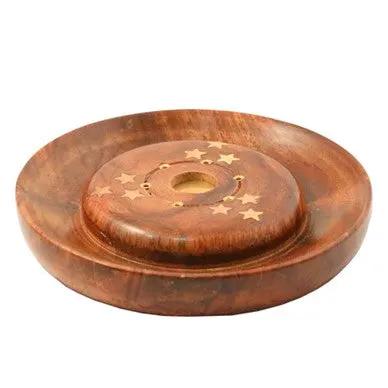 Wood Incense Plate for Sticks and Cones round brown wooden disc with star inlay on Tampa Home & Garden Store