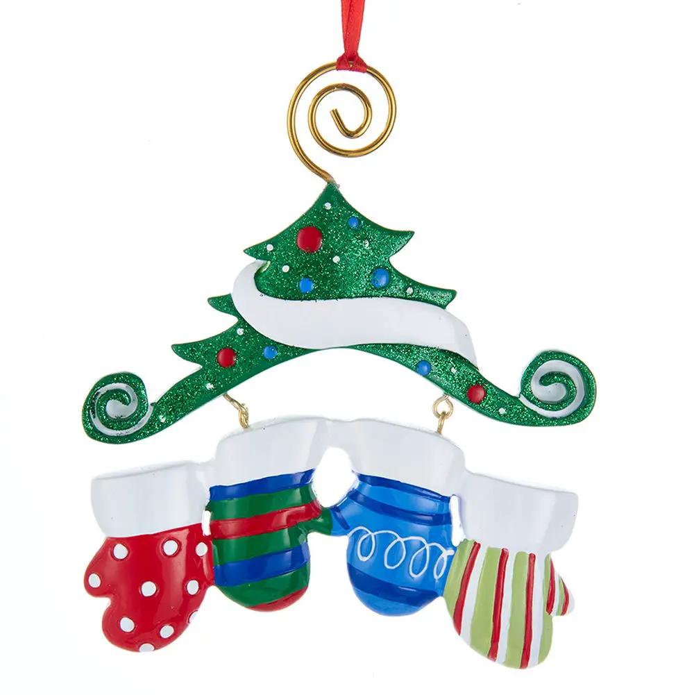 Dangling Mittens Family Ornament by Kurt Adler with glitter green tree and four mittens on Tampa Home & Garden Store