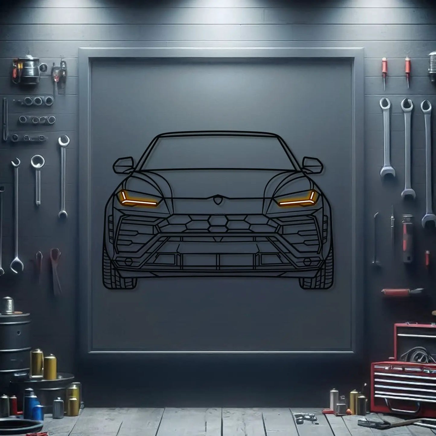 Urus front view neon metal wall art with orange neon headlights by Modello Turbo on Tampa Home & Garden Store