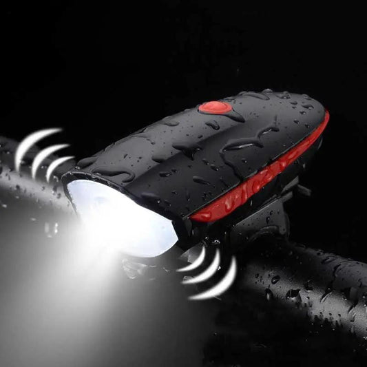 Stevvex USB rechargeable LED bike front light with horn, black with red trim, waterproof on Tampa Home & Garden Store