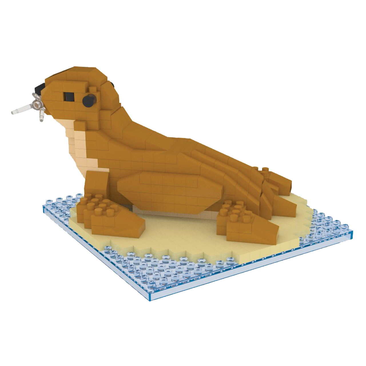 Mini Building Blocks Sea Lion model brown brick sculpture on sandy base with blue water edge on Tampa Home & Garden Store