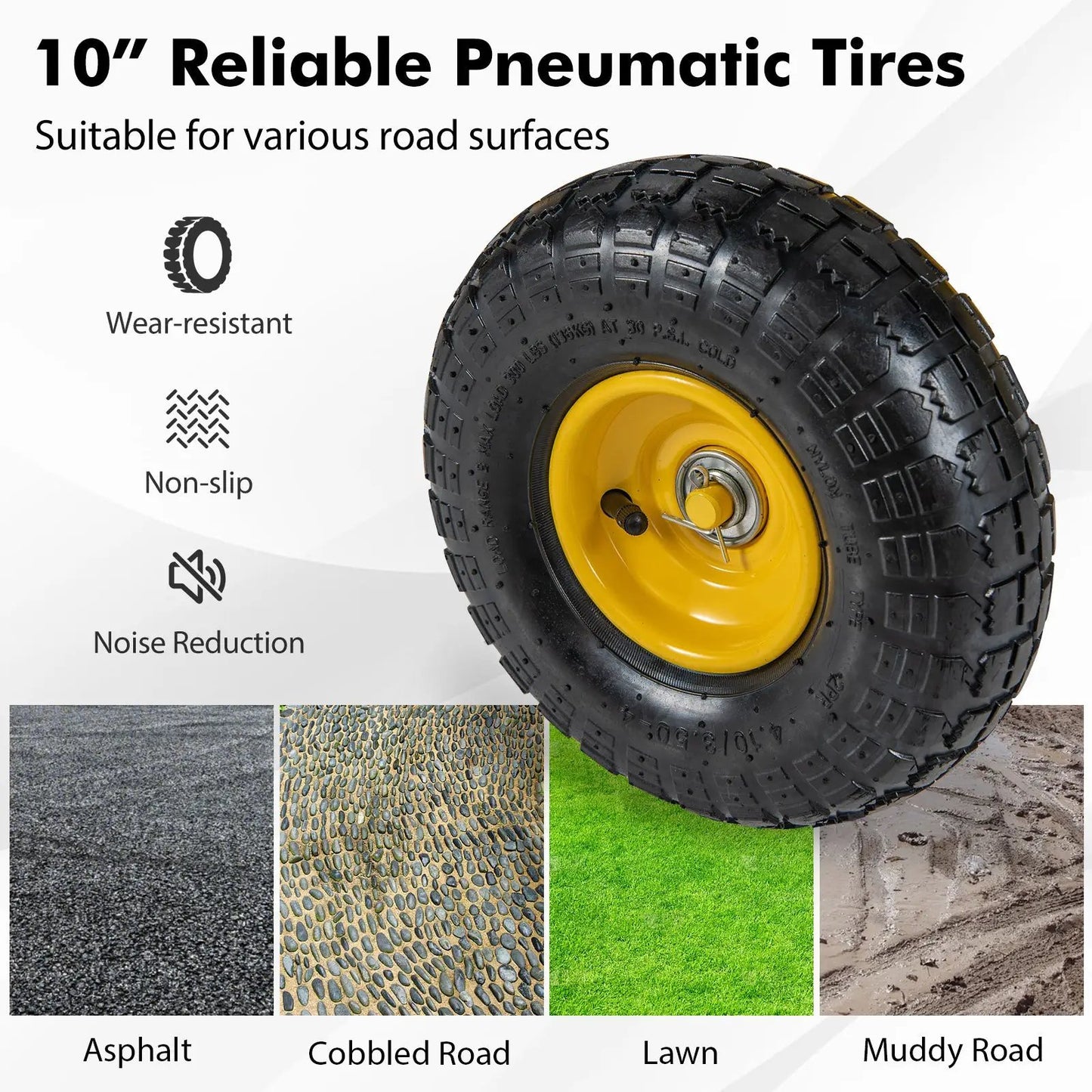 Utility Garden Wagon wheel with yellow rim; wear resistant non-slip tire features on Tampa Home & Garden Store