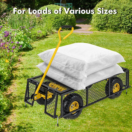 Utility garden wagon with black mesh frame, yellow handle and wheels carrying two white bags on Tampa Home & Garden Store