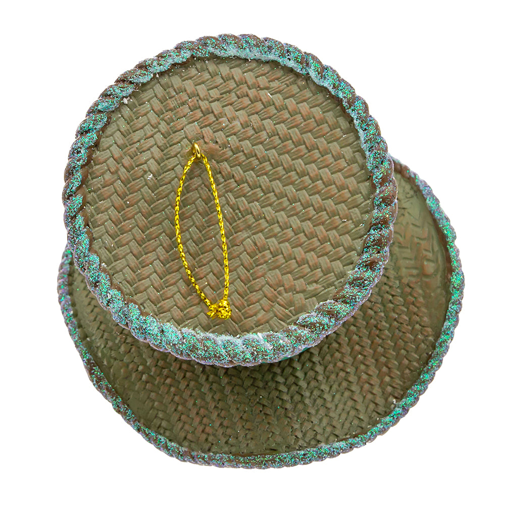 Alice in Wonderland Mad Hatter hat ornament, woven straw with turquoise glitter trim on Tampa Home & Garden Store