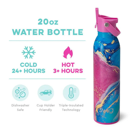 Razzleberry Flip and Sip water bottle 20 oz with pink flip-top lid and blue-pink design SWIG on Tampa Home & Garden Store