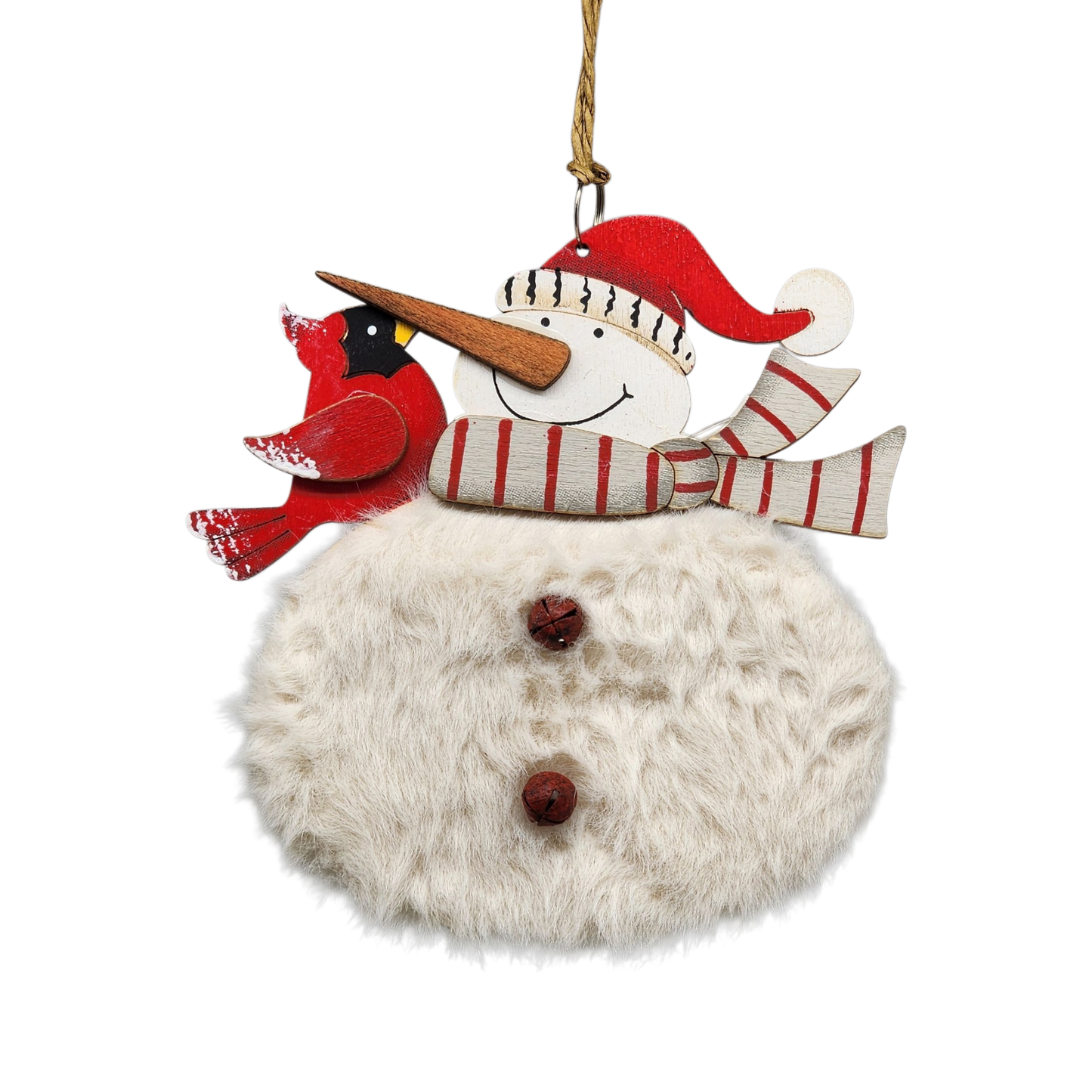 Wooden snowman ornament with grey scarf and cardinal detail, perched on white fur base on Tampa Home & Garden Store