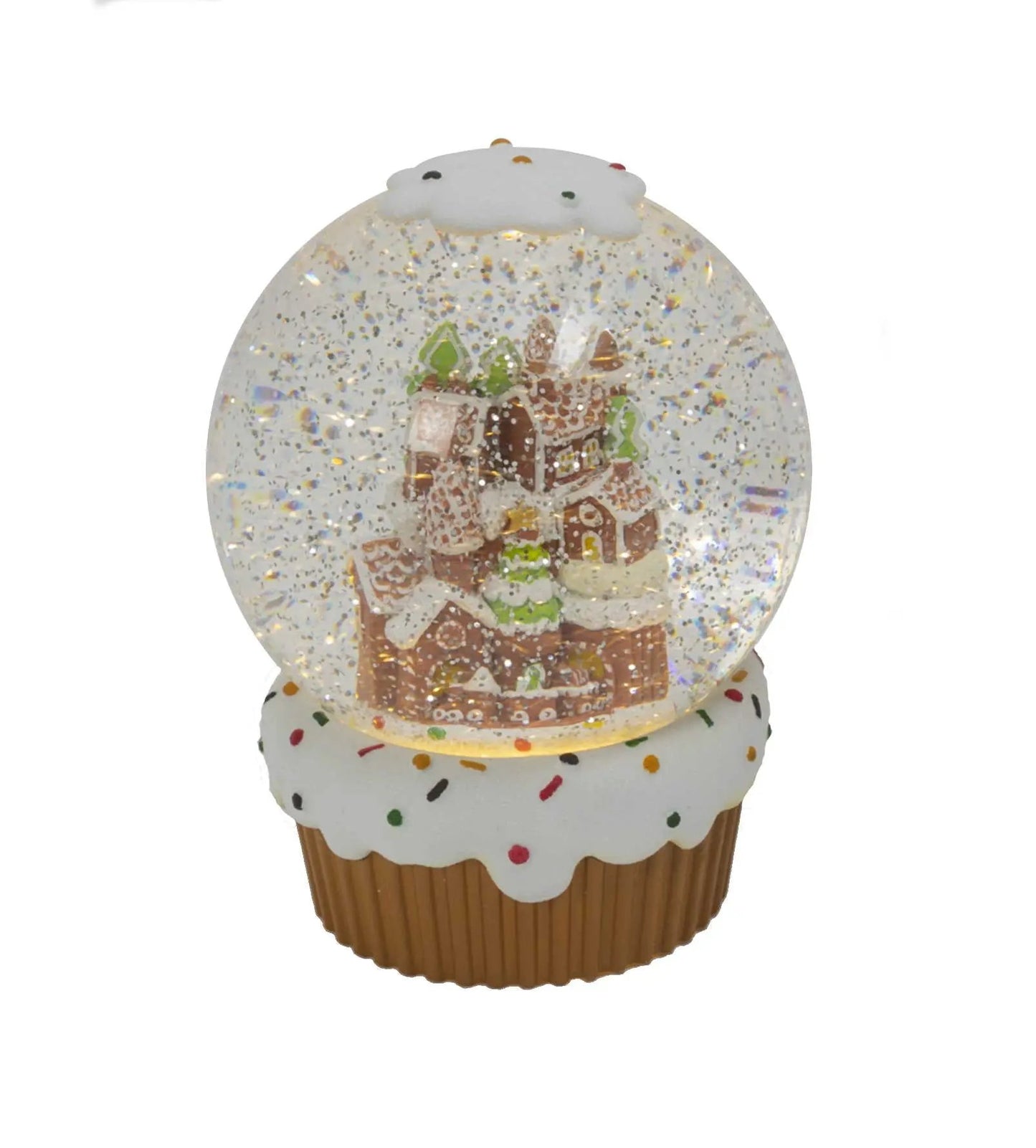 Battery Operated Spinning Water Globe Cupcake snow globe with glitter inside and cupcake base on Tampa Home & Garden Store