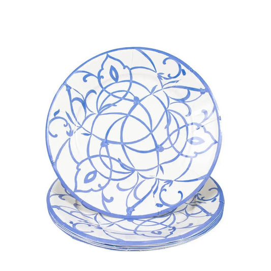 Algarve Ceramic Blue Dinner Plates - set of disposable plates, blue swirl pattern, stacked on Tampa Home & Garden Store