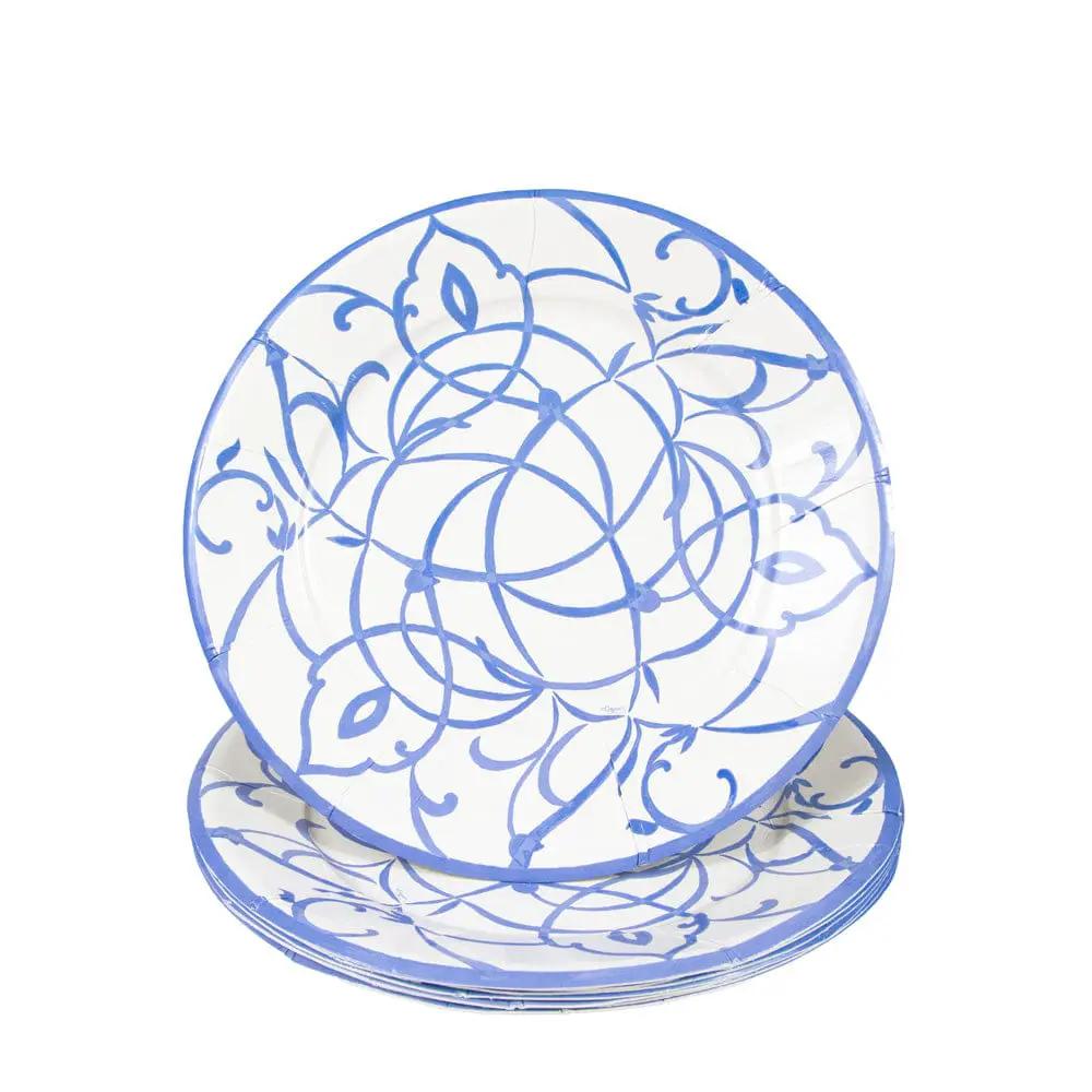 Algarve Ceramic Blue Dinner Plates - set of disposable plates, blue swirl pattern, stacked on Tampa Home & Garden Store