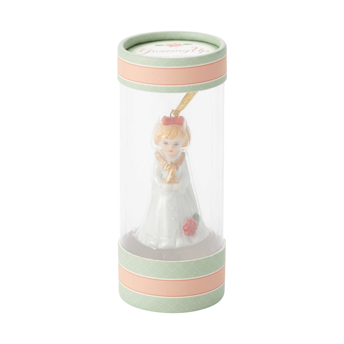 Growing Up Girl Ornament blonde age 2 in clear display tube with pastel green and peach bands on Tampa Home & Garden Store