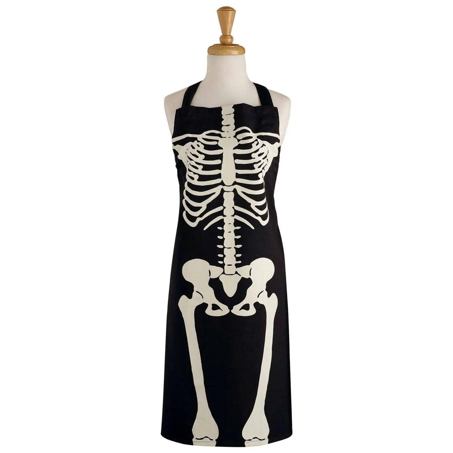 Skeleton printed chef apron in black with white bone design displayed on mannequin on Tampa Home & Garden Store