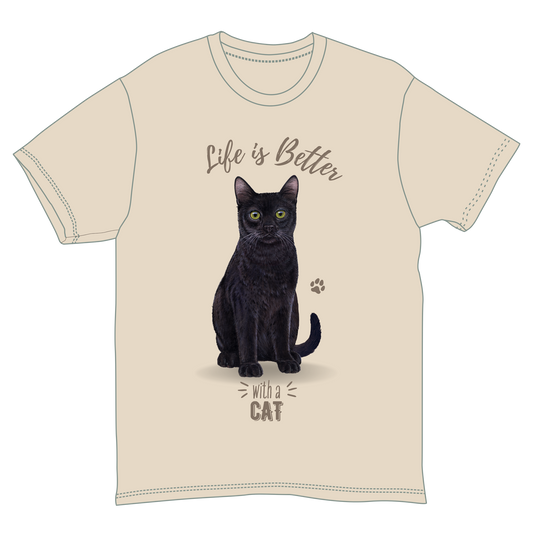 Life Is Better with a Black Cat T shirt beige tee featuring a black cat graphic and cursive text on Tampa Home & Garden Store