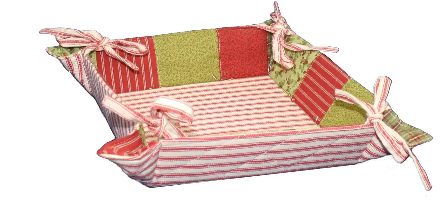 Tis the Season bread and cookies fabric basket, red/green patchwork with tied bows on Tampa Home & Garden Store