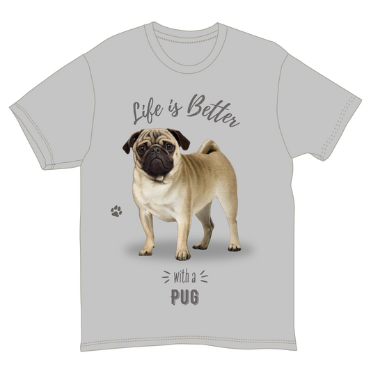 T shirt Life Is Better With a Pug, gray tee with pug image and script, Country Christmas Loft on Tampa Home & Garden Store