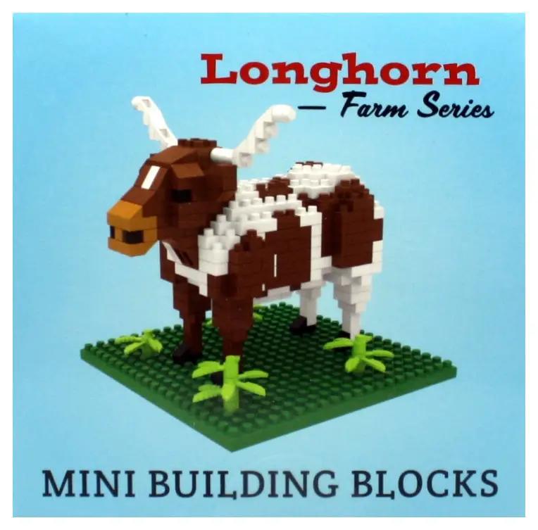 Mini Building Blocks Longhorn Construction Kit brown and white cow model on green base on Tampa Home & Garden Store