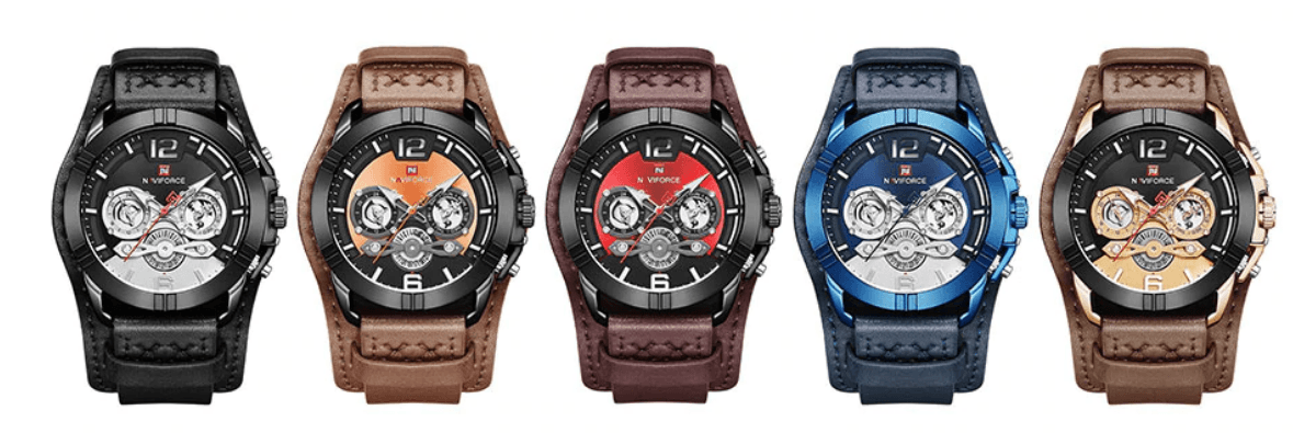 Men's Stevvex leather waterproof watch with chronograph dials and fluorescent hands, 5 colorways on Tampa Home & Garden Store