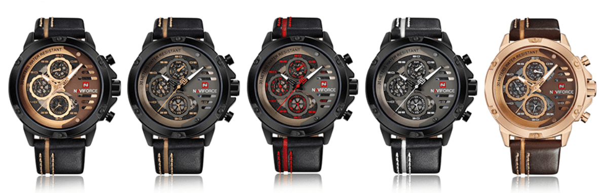 Men's Naviforce sports waterproof chronograph wristwatch with leather strap, five color options on Tampa Home & Garden Store
