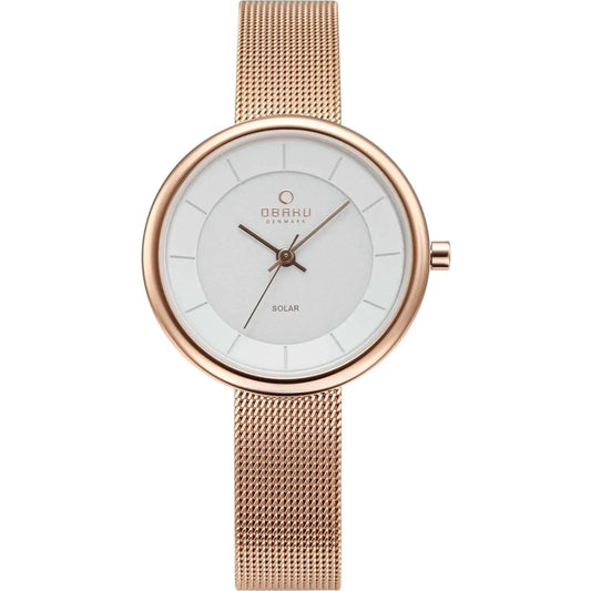 Obaku Lys Women's Watch solar-powered rose gold stainless steel mesh band on Tampa Home & Garden Store