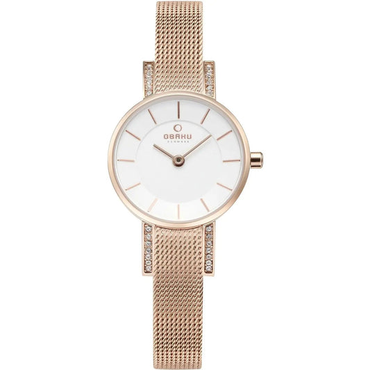 Obaku Lykke women's rose gold stainless steel watch with mesh band and crystal-studded lugs on Tampa Home & Garden Store