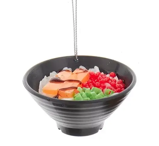 Dinner Bowl Ornament with rice and salmon in a black ceramic bowl on Tampa Home & Garden Store
