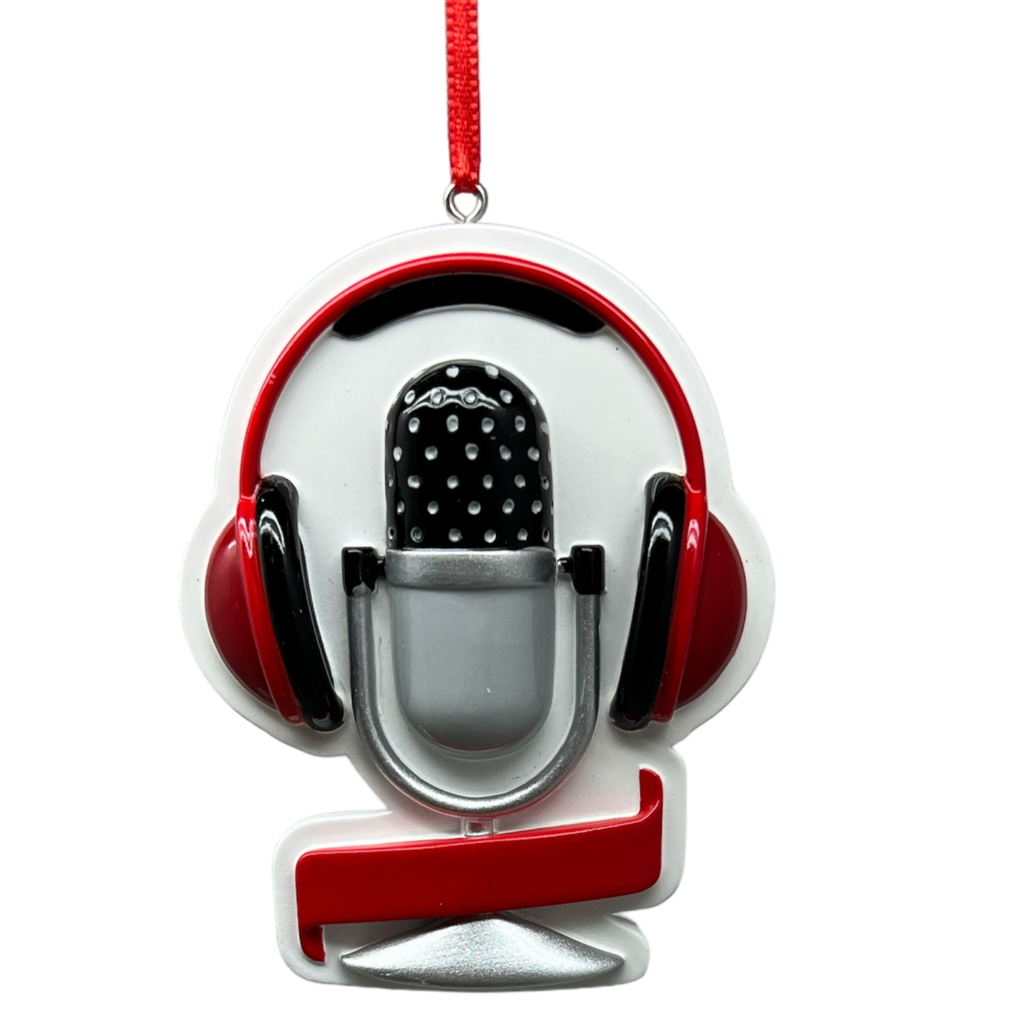 Podcast Ornament with Vintage Microphone, white base, red headset detailing, hanging red ribbon on Tampa Home & Garden Store