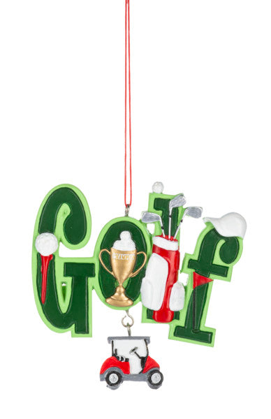 Golf ornament with dangle and trophy charm, green letters and golf cart on Tampa Home & Garden Store