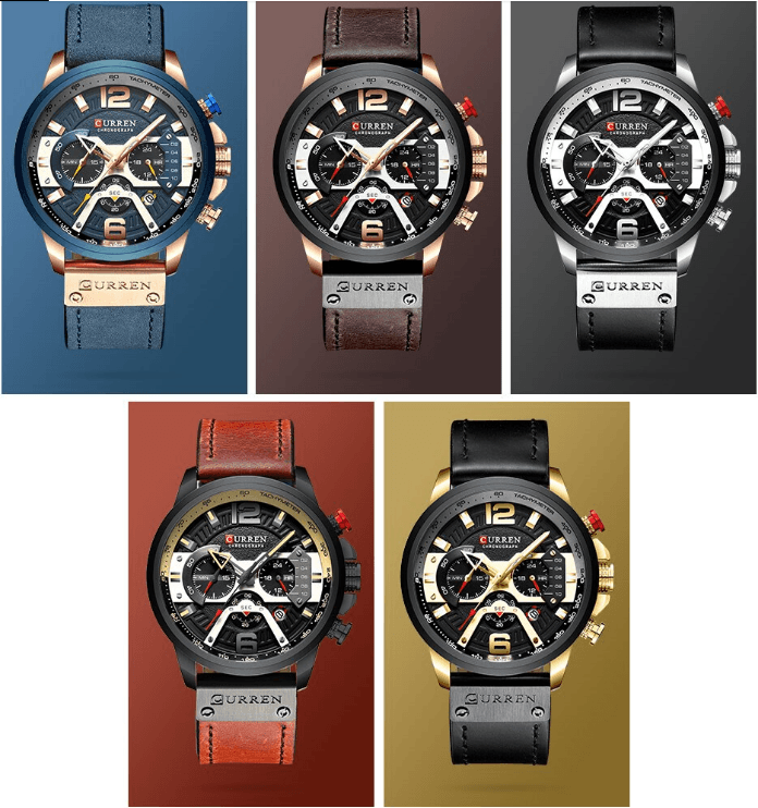 Curren men's sport chrono watches with leather straps blue brown black gold-tone variants on Tampa Home & Garden Store