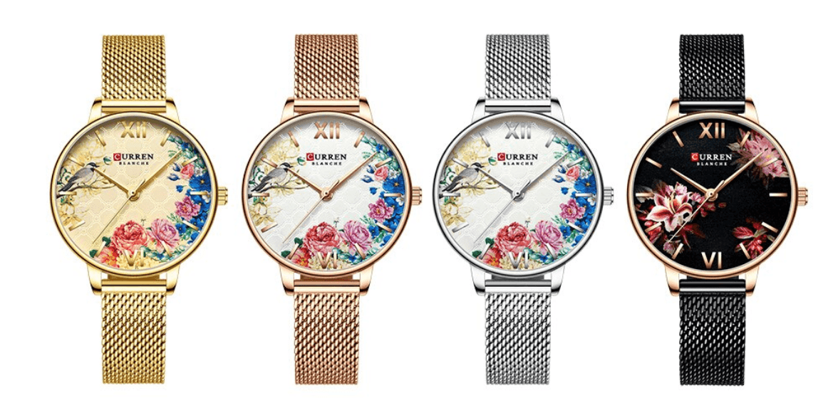Womens decoupage floral Curren watch with large Roman numerals, 4 mesh-band styles in gold on Tampa Home & Garden Store