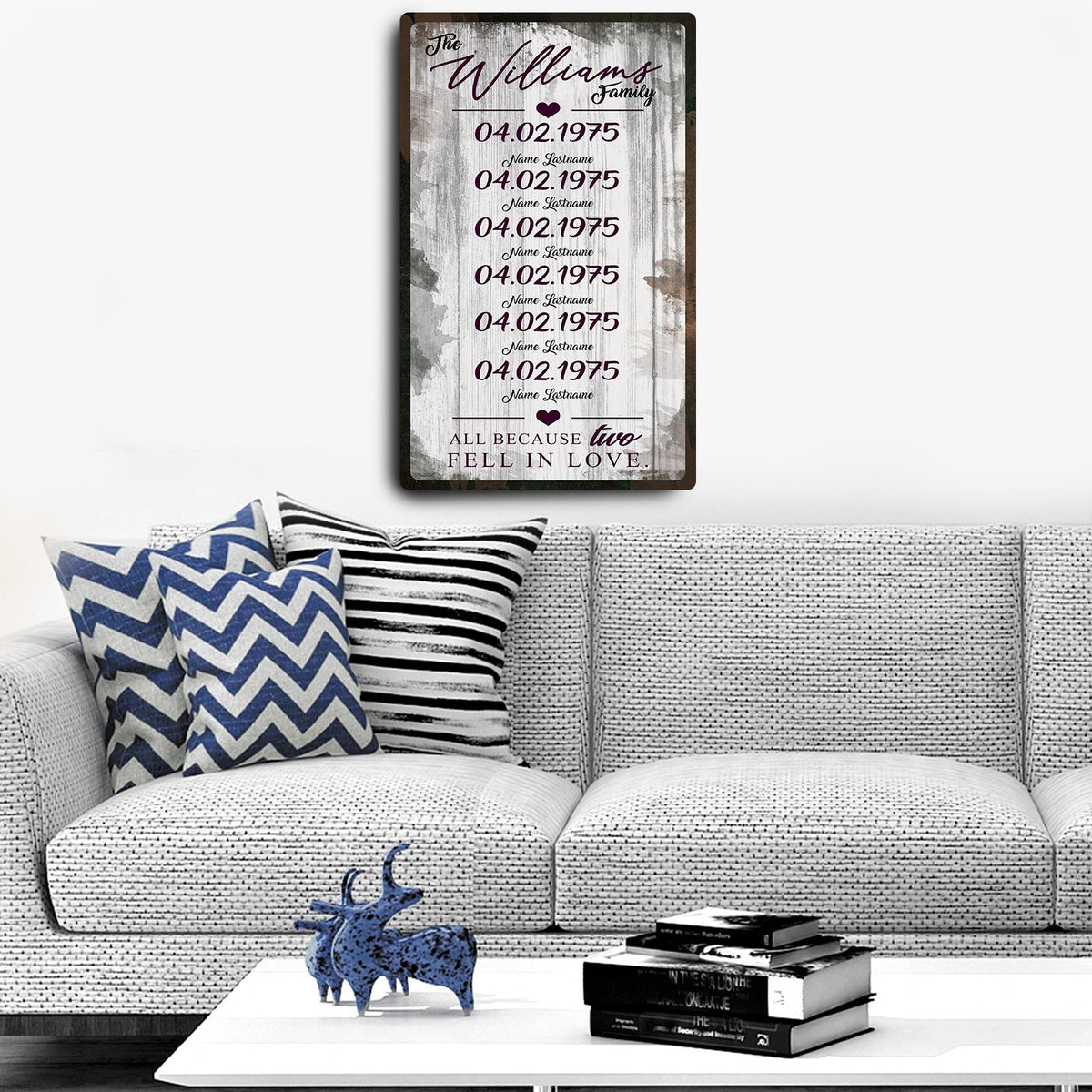 Family Dates Sign canvas by Tailored Canvases with rustic wood backdrop and burgundy date text on Tampa Home & Garden Store