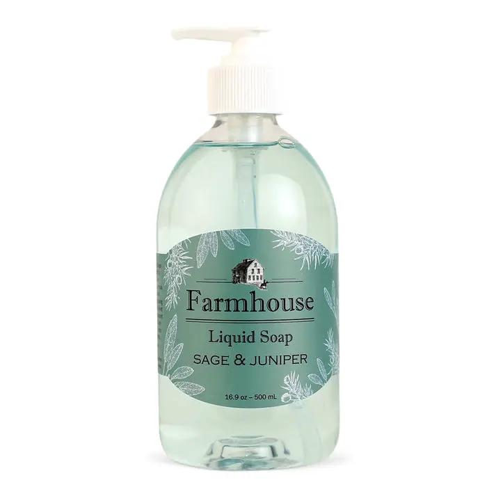 Farmhouse Liquid Soap Sage & Juniper hand wash with pump, teal label bottle on Tampa Home & Garden Store