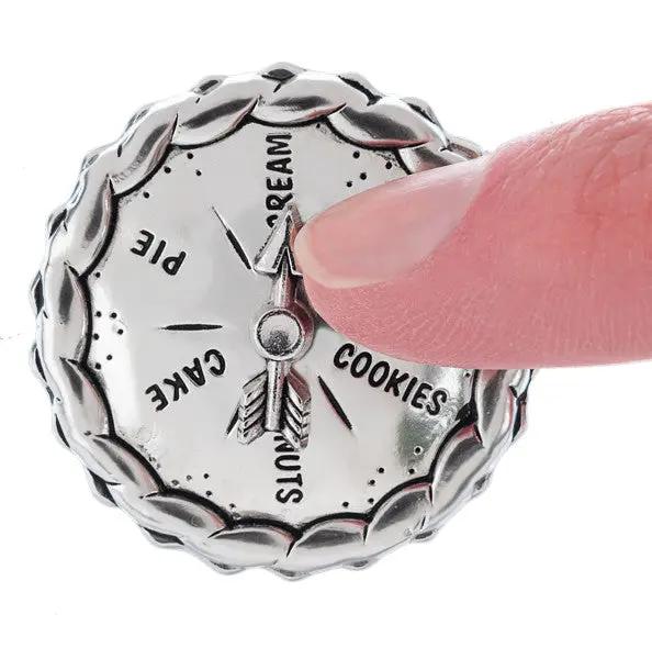 Dessert Decider Charm by The Country Christmas Loft, silver charm with scalloped edge on Tampa Home & Garden Store