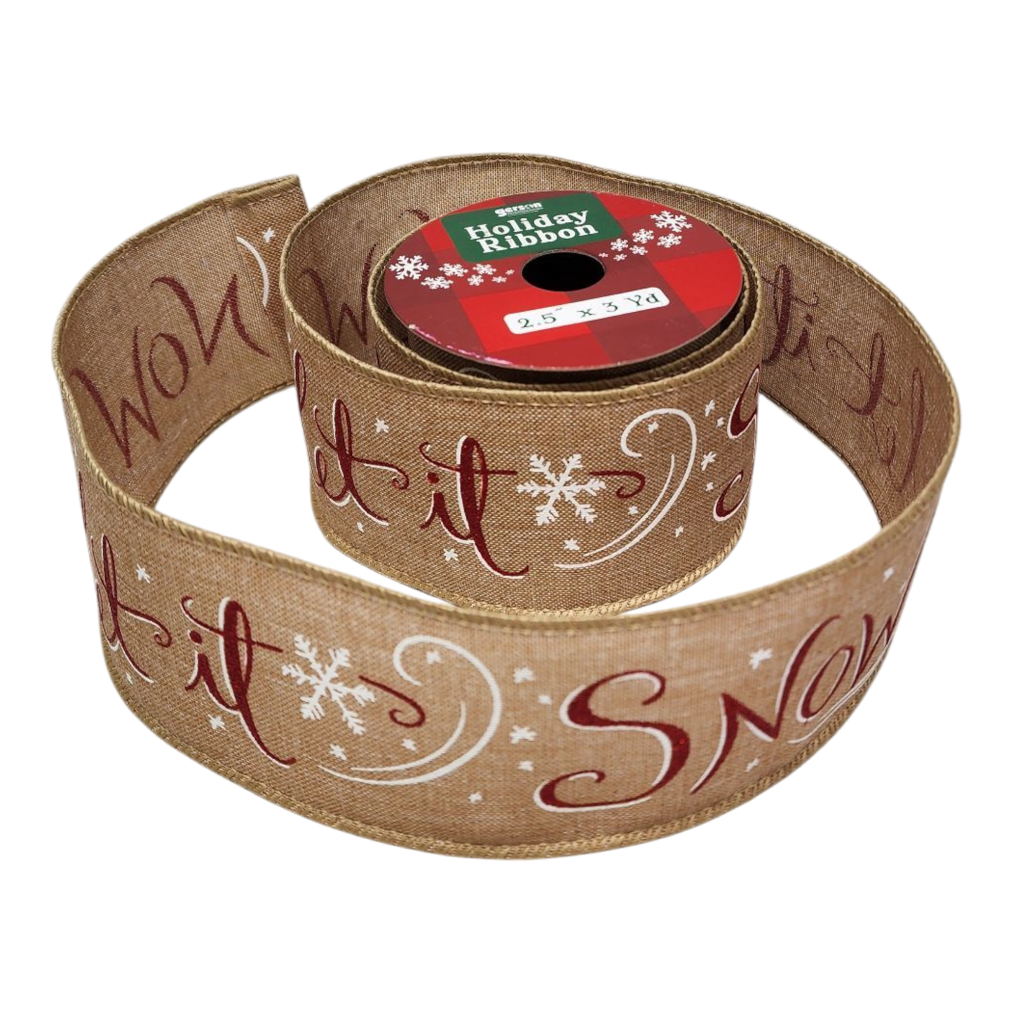 Let It Snow burlap Christmas ribbon 2.5in x 3yd with red script and snowflakes on burlap on Tampa Home & Garden Store