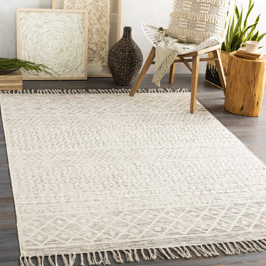 Valyermo beige hand woven cotton rug with fringe, Boutique Rugs clearance on Tampa Home & Garden Store