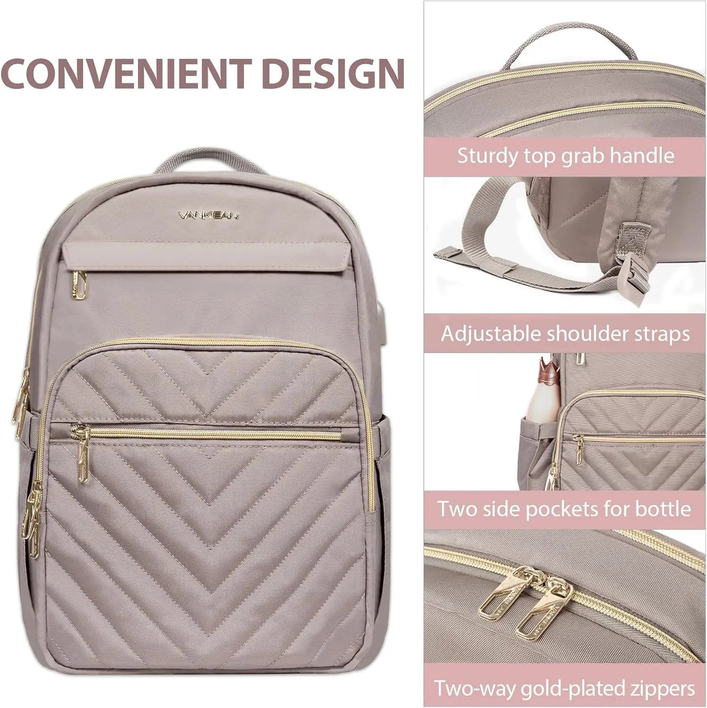 Waterproof laptop backpack 15.6-inch with USB port, mauve quilted back and gold zippers on Tampa Home & Garden Store