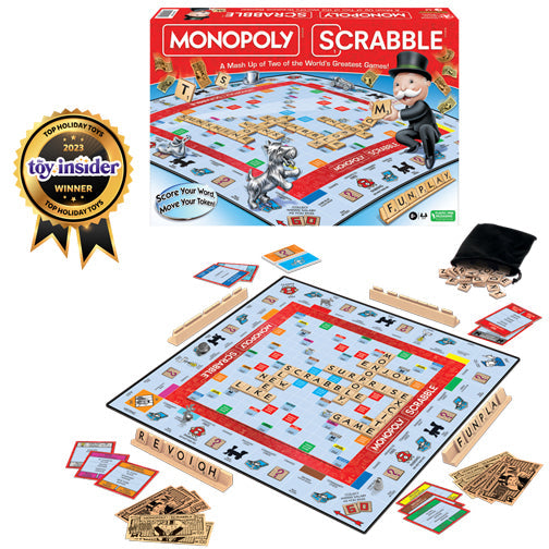 Monopoly Scrabble Mashup board game red box by The Country Christmas Loft with gameplay board and tiles on Tampa Home & Garden Store
