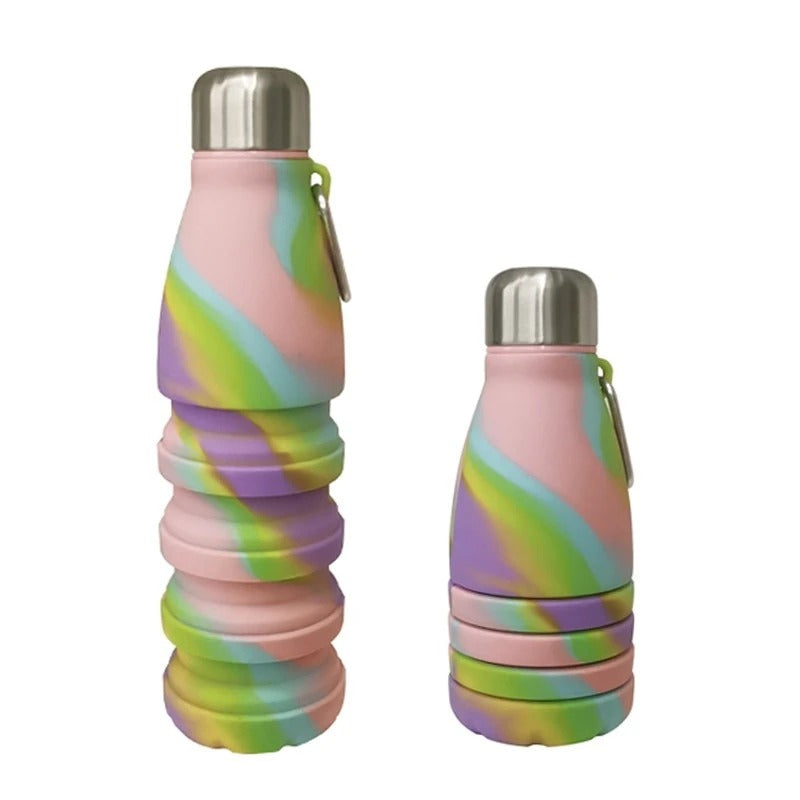 Stevvex 550ml foldable silicone water bottle with stainless cap in rainbow swirl set of 2 on Tampa Home & Garden Store