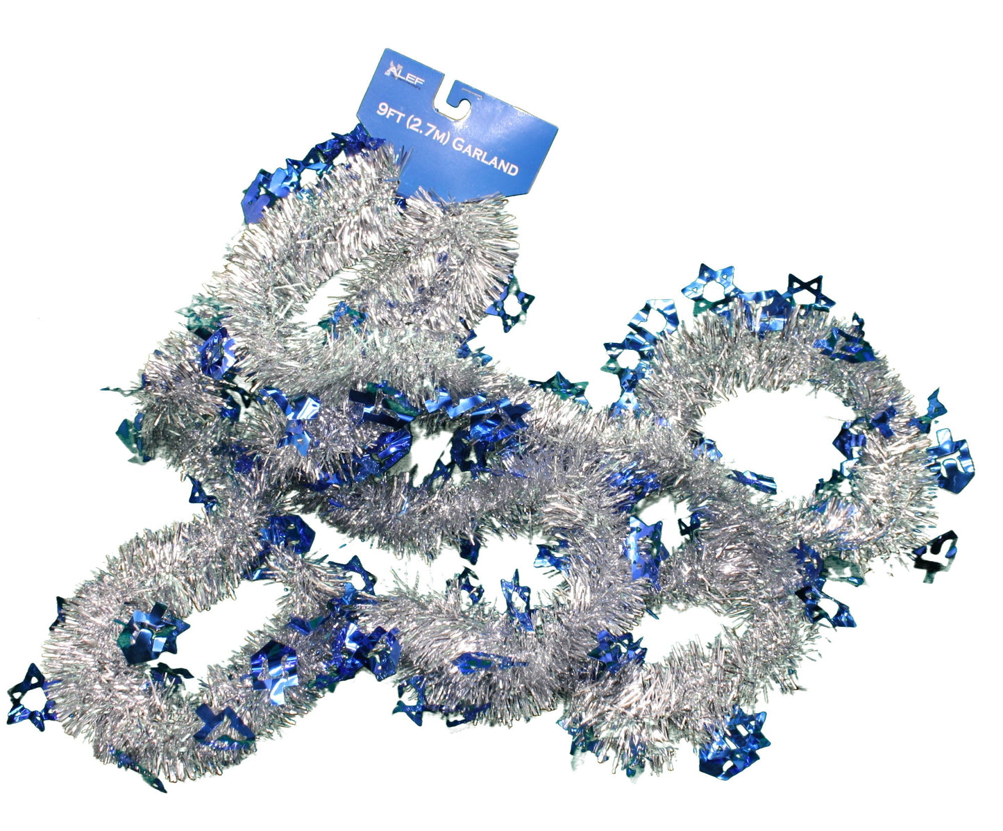 Hanukkah tinsel garland with blue die-cut stars on silver-white tinsel 9 ft on Tampa Home & Garden Store