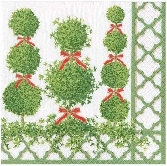 Topiaries Paper Cocktail Napkins with green border and red bow accents - Country Christmas Loft on Tampa Home & Garden Store