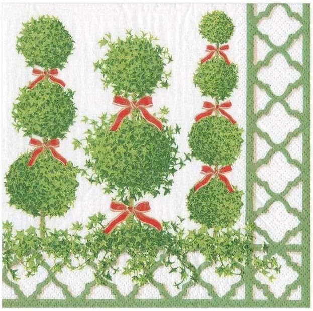 Topiaries Paper Cocktail Napkins with green border and red bow accents - Country Christmas Loft on Tampa Home & Garden Store