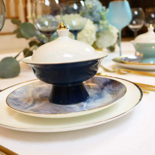 Navy Versaille soup bowls with lids, 4-piece set in navy with white lids and gold rim on Tampa Home & Garden Store