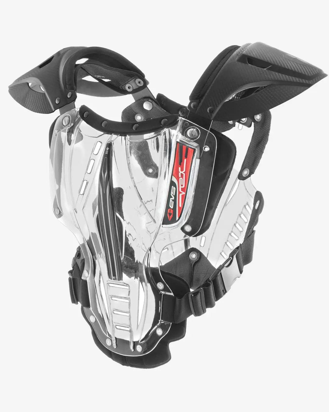 Vex Roost Guard Front and Back Neck Protector EVS Sports with chrome shell and black straps on Tampa Home & Garden Store