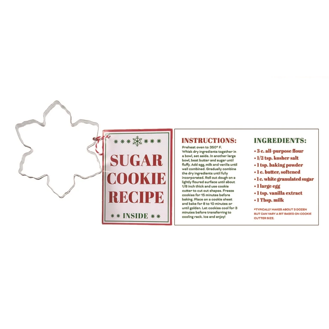 Snowflake metal cookie cutter with recipe inside, silver finish on Tampa Home & Garden Store